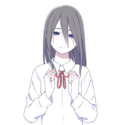 Rule 34 | 1girl, black hair, blue eyes, closed mouth, commentary request, hair between eyes, highres, long hair, long sleeves, looking at viewer, natuich, neck ribbon, original, red ribbon, ribbon, school uniform, simple background, upper body, white background