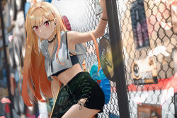 Rule 34 | 1girl, :o, absurdres, arm up, armpits, barbell piercing, bead bracelet, beads, black choker, black shorts, black sports bra, blonde hair, blurry, blurry background, bottle cap, bracelet, breasts, casual, chain-link fence, chinese commentary, choker, crop top, cropped hoodie, ear piercing, earphones, earrings, fence, gradient hair, hair ornament, hairclip, highres, holding, holding sign, hood, hoodie, industrial piercing, jewelry, kitagawa marin, leaning, long hair, medium breasts, midriff, multicolored hair, open mouth, orange hair, piercing, pink eyes, red eyes, shenle, short shorts, shorts, sign, solo, sono bisque doll wa koi wo suru, sports bra, strap slip, swept bangs, thighs