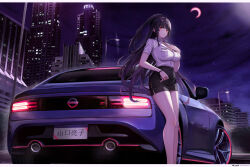 Rule 34 | 1girl, absurdres, belt, black belt, black skirt, blunt bangs, braid, breasts, car, character name, city, cityscape, cleavage, collared shirt, commentary, commentary request, commission, crescent moon, english commentary, hair ornament, highres, kcar66t, lamppost, large breasts, long hair, looking at viewer, military uniform, mole, mole under eye, moon, motor vehicle, name tag, night, night sky, nissan, nissan fairlady z, nissan z (rz34), pencil skirt, purple hair, purple sky, red eyes, shirt, single braid, skirt, sky, solo, standing, star (symbol), star hair ornament, tatakau ataisuru, translation request, uniform, very long hair, watch, white shirt, wristwatch, yamaguchi ryouko