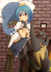 Rule 34 | 1girl, altaria, alternate hair length, alternate hairstyle, asupara, black gloves, black pantyhose, blue eyes, boots, chair, creatures (company), cross-laced footwear, crossed legs, crossover, female focus, fingerless gloves, game freak, gen 3 pokemon, gloves, head rest, highres, hinanawi tenshi, lace-up boots, nintendo, pantyhose, pokemon, pokemon (creature), red eyes, short hair, sitting, smile, touhou