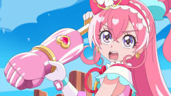 Rule 34 | 1girl, bow, crossed bangs, cure precious, delicious party precure, earrings, gloves, gourmet spicer, hair between eyes, hair bow, highres, huge bow, jewelry, long hair, magical girl, nagomi yui, open mouth, parody, pink hair, precure, purple eyes, solo, toriko (series), umuamu, upper body, very long hair, white gloves