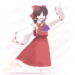 Rule 34 | 1girl, :d, ascot, bow, brown hair, detached sleeves, dress, female focus, hair bow, hair tubes, hakurei reimu, japanese clothes, long sleeves, lowres, miko, open mouth, outstretched arms, red bow, red dress, red eyes, ribbon-trimmed sleeves, ribbon trim, sidelocks, smile, solo, subterranean animism, tareme, touhou, tsubasa (abchipika)
