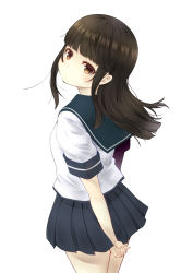 Rule 34 | 1girl, absurdres, arm behind back, blunt bangs, breasts, brown eyes, brown hair, commentary request, hatsuyuki (kancolle), highres, kantai collection, kouji (campus life), long hair, looking at viewer, looking back, pleated skirt, school uniform, serafuku, short sleeves, sidelocks, skirt, small breasts, solo, upper body, white background