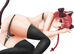 Rule 34 | 1girl, animal ears, anus, ass, black panties, black thighhighs, blush, braid, breasts, cat ears, cat tail, hair ribbon, hifumi kei, highres, kaenbyou rin, long hair, looking at viewer, lying, multiple tails, nipples, on side, panties, panty pull, red eyes, red hair, ribbon, simple background, small breasts, solo, tail, thighhighs, touhou, tress ribbon, twin braids, underwear, white background