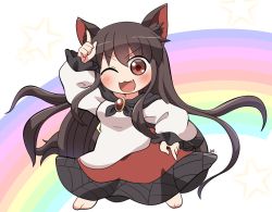 Rule 34 | 1girl, animal ears, arm up, barefoot, blush, brown hair, dress, fang, full body, imaizumi kagerou, index fingers raised, long hair, long sleeves, one eye closed, open mouth, red dress, red eyes, rokugou daisuke, signature, smile, solo, tail, touhou, white dress, wolf ears, wolf tail