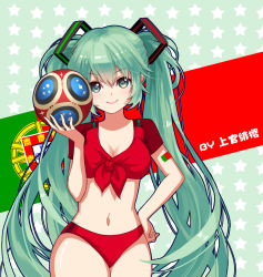 Rule 34 | 1girl, 2018 fifa world cup, aqua eyes, aqua hair, ball, bikini, bikini bottom only, blush, breasts, chinese commentary, cleavage, commentary request, cowboy shot, front-tie top, green background, hair between eyes, hand on own hip, hand up, hatsune miku, holding, holding ball, jokanhiyou, long hair, looking at viewer, medium breasts, midriff, navel, pink lips, portugal, portuguese flag, red bikini, red shirt, shirt, short sleeves, smile, soccer, soccer ball, solo, standing, star (symbol), starry background, stomach, swimsuit, thighs, twintails, very long hair, vocaloid, world cup