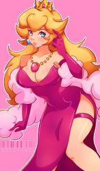 Rule 34 | 1girl, blonde hair, blue eyes, blush, breasts, cleavage, collarbone, cresscin, crown, dress, feather boa, gloves, highres, jewelry, large breasts, lipstick, long hair, looking at viewer, makeup, mario (series), necklace, nintendo, parted lips, pink background, pink dress, pink gloves, pink lips, princess, princess peach, side slit, smile, standing, super mario all stars, teeth, thigh strap