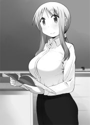 Rule 34 | 1girl, book, breasts, chalkboard, classroom, closed mouth, collared shirt, commentary request, cowboy shot, greyscale, holding, holding book, indoors, katatsuka kouji, large breasts, long hair, long sleeves, looking at viewer, matsumoto yoriko, monochrome, open book, pencil skirt, ponytail, shirt, skirt, smile, solo, standing, teacher, yuyushiki