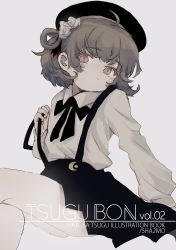 Rule 34 | 1girl, absurdres, ahoge, artist name, beret, black bow, black hat, black skirt, blush, bow, brown eyes, brown hair, character name, collared shirt, commentary request, cover, cover page, crescent, flower, grey background, hair flower, hair ornament, hair rings, hand up, hat, hatoba tsugu, head tilt, highres, long sleeves, looking at viewer, mole, mole under eye, pantyhose, rose, sha2mo, shirt, sidelocks, simple background, sitting, skirt, solo, suspender skirt, suspenders, virtual youtuber, white flower, white pantyhose, white rose, white shirt