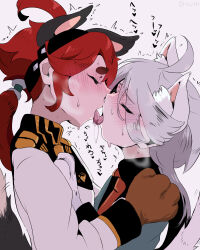 Rule 34 | 2girls, animal ears, animal hands, aroused, asticassia school uniform, black hairband, blush, breath, cat ears, cat paws, closed eyes, couple, dog paws, extra ears, eyes visible through hair, french kiss, from side, grey hair, gundam, gundam suisei no majo, hairband, hand on another&#039;s shoulder, highres, kiss, licking, long sleeves, low ponytail, miorine rembran, multiple girls, profile, red hair, saliva, school uniform, suletta mercury, sweat, sweatdrop, tail, tongue, tongue out, trembling, upper body, white background, you ing, yuri