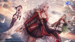 Rule 34 | 3girls, azur lane, belt, bird, black belt, black cape, black corset, black dress, black garter straps, black gloves, black thighhighs, breasts, cape, capelet, cleavage, cleavage cutout, clothing cutout, cloud, cloudy sky, corset, dress, epaulettes, full body, garter straps, giulio cesare (azur lane), gloves, gold trim, green hair, half gloves, hat, highres, holding, holding sword, holding weapon, italian flag, jacket, large breasts, littorio (azur lane), long hair, looking at viewer, medal, medium breasts, medium hair, microskirt, multicolored hair, multiple girls, necktie, pantyhose, peaked cap, pleated skirt, puffy sleeves, red eyes, red hair, red jacket, red necktie, ship, siblings, sisters, skirt, sky, sword, thighhighs, two-tone dress, two-tone hair, very long hair, vittorio veneto (azur lane), walking, walking on liquid, watercraft, weapon, white bird, white capelet, white dress, white gloves, white hair, white headwear, yuli (yulipo)