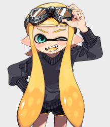 Rule 34 | 1girl, adjusting goggles, aqua eyes, black shorts, black sweater, blonde hair, blunt bangs, colored tongue, commentary, daidaiika, dolphin shorts, fangs, goggles, goggles on head, grey background, hand on own hip, inkling, inkling girl, inkling player character, long hair, long sleeves, looking at viewer, nintendo, one eye closed, open mouth, pointy ears, short shorts, shorts, simple background, smile, solo, splatoon (series), standing, sweater, tentacle hair, yellow tongue