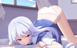 Rule 34 | 1girl, absurdres, all fours, ass, bed, bed sheet, blue skirt, closed mouth, clothes lift, grisaia (series), grisaia no kajitsu, hair between eyes, hair intakes, highres, indoors, kazami kazuki, long hair, panties, red eyes, shirt, short sleeves, skirt, skirt lift, socks, solo, straight hair, suspender skirt, suspenders, t-hou, top-down bottom-up, underwear, white hair, white panties, white shirt, white socks
