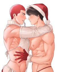 Rule 34 | 2boys, ass, bara, black hair, blush, couple, detached sleeves, eye contact, gloves, hat, highres, large pectorals, looking at another, male focus, multiple boys, muscular, muscular male, navel, nipples, om3632f, pectorals, red gloves, red hair, rukawa kaede, sakuragi hanamichi, santa hat, short hair, simple background, slam dunk (series), smile, twitter username, white background, yaoi
