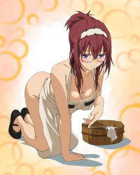 Rule 34 | 1girl, absurdres, apron, bare shoulders, black footwear, blush, breasts, bucket, cleaning, cleavage, covered erect nipples, glasses, hairband, highres, hugimosi, large breasts, lillia greyrat, long hair, looking at viewer, mature female, mushoku tensei, naked apron, purple eyes, red hair, solo, white apron, white hairband, wooden bucket