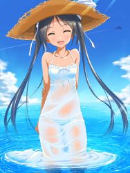 Rule 34 | 1girl, a9b (louis814), aircraft, airplane, arms behind back, black hair, blue theme, closed eyes, cloud, contrail, day, dress, fang, francesca lucchini, hat, highres, long hair, open mouth, panties, petite, ribbon, see-through, sky, smile, solo, strike witches, striped clothes, striped panties, sun hat, sundress, transparent, twintails, underwear, wading, water, wet, wet clothes, wet dress, white dress, world witches series