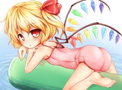Rule 34 | 1girl, baku-p, barefoot, blonde hair, feet, female focus, flandre scarlet, inflatable toy, one-piece swimsuit, pink one-piece swimsuit, red eyes, short hair, soles, solo, swimsuit, touhou, water, wings
