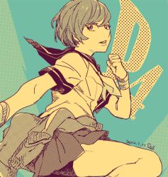Rule 34 | 1girl, bad id, bad pixiv id, clothes around waist, copyright name, female focus, jacket, jacket around waist, looking at viewer, partially colored, peggy (pixiv9540913), persona, persona 4, satonaka chie, school uniform, serafuku, short hair, skirt, solo, track jacket