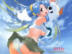 Rule 34 | 1girl, ass, blue hair, blush, breasts, clothes lift, cloud, colored tips, crop top, curvy, day, detached sleeves, from side, hair ribbon, long hair, medium breasts, midriff, miniskirt, multicolored hair, open mouth, original, panties, pantyshot, quad tails, ribbon, side-tie panties, sideboob, skirt, skirt lift, sky, smile, solo, standing, swimsuit, twintails, underboob, underwear, upskirt, wallpaper, white panties, wings, yoshizaki mine