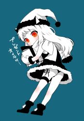 Rule 34 | 10s, 1girl, aburahana, abyssal ship, bad id, bad pixiv id, bare legs, boots, box, christmas, covered mouth, dress, gift, gift box, hat, kantai collection, northern ocean princess, panties, pantyshot, santa costume, santa hat, side-tie panties, solo, standing, underwear