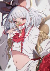 Rule 34 | 1girl, animal ears, blurry, bow, bowtie, brooch, collared shirt, crop top, crop top overhang, depth of field, detached sleeves, fake animal ears, feb itk, glint, gold trim, granblue fantasy, hair ornament, hairband, hairclip, hand up, heart, heart brooch, highres, jewelry, long sleeves, looking at viewer, mask, midriff, mouse ears, mouth mask, navel, pleated skirt, red eyes, shirt, short hair, signature, silver hair, skirt, solo, stomach, upper body, v-shaped eyebrows, vikala (granblue fantasy), white shirt, white skirt