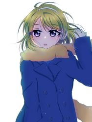 Rule 34 | 1girl, artist name, artist request, black coat, blush, breasts, brown hair, buttons, coat, earmuffs, female focus, floating hair, gloves, hair between eyes, koizumi hanayo, long sleeves, looking at viewer, love live!, love live! school idol festival, love live! school idol project, orange scarf, parted lips, purple eyes, scarf, short hair, small breasts, smile, solo, upper body, wavy hair, white background, white gloves