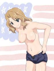 Rule 34 | 1girl, absurdres, american flag, black panties, blonde hair, blue eyes, blue shorts, breasts, closed mouth, clothes pull, commentary request, cowboy shot, cutoffs, flag background, girls und panzer, groin, hair intakes, highres, kay (girls und panzer), long hair, looking at viewer, medium breasts, navel, nipples, open fly, panties, partial commentary, pulling own clothes, short shorts, shorts, shorts pull, smile, solo, topless, underwear, yagiyama hituzi