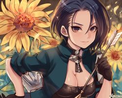 Rule 34 | &gt;:), 1girl, arrow (projectile), black choker, black gloves, black hair, blue jacket, blush, breasts, brown eyes, choker, cleavage, closed mouth, fire emblem, fire emblem: three houses, flower, forehead, fujimaru (green sparrow), gloves, holding, holding arrow, jacket, leaning forward, medium breasts, nintendo, open clothes, open jacket, petals, shamir nevrand, short hair, short sleeves, smile, solo, sunflower, twitter username, upper body, yellow flower
