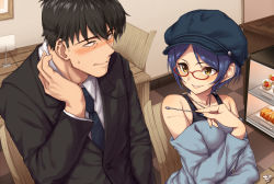 Rule 34 | 1girl, absurdres, bare shoulders, black eyes, black hair, black jacket, blue hair, blue hat, blue sweater, blush, cabbie hat, cafe, checkered floor, closed eyes, collarbone, collared shirt, earrings, eye contact, fingernails, food, formal, glasses, hat, hayami kanade, highres, idolmaster, idolmaster cinderella girls, indoors, jacket, jewelry, lips, long fingernails, long sleeves, looking at another, looking to the side, morino shoutarou, nail polish, necklace, nose blush, off-shoulder, off-shoulder sweater, off shoulder, on chair, parted lips, pink nails, producer (idolmaster), producer (idolmaster cinderella girls anime), red-framed eyewear, shirt, short hair, sitting, smile, suit, sweat, sweater, table, tile floor, tiles, triangle earrings, upper body, v-shaped eyebrows, white shirt, wing collar, wooden chair, yellow eyes