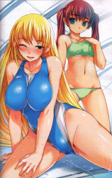Rule 34 | 2girls, ;d, aqua eyes, bare shoulders, bikini, blonde hair, blush, bosshi, breast envy, breasts, collarbone, competition swimsuit, female focus, flat chest, green bikini, green eyes, groin, hand on thigh, highleg, highres, indoors, large breasts, light smile, long hair, looking at viewer, lowleg, lowleg bikini, midriff, multiple girls, navel, non-web source, one-piece swimsuit, one eye closed, open mouth, original, poolside, red hair, smile, swimsuit, thighs, twintails, very long hair, wavy hair, wet, wink