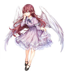 Rule 34 | 1girl, angel wings, black eyes, black footwear, black ribbon, blush, closed mouth, clothes lift, dress, dress lift, full body, juliet sleeves, leaning forward, lifting own clothes, long hair, long sleeves, looking at viewer, neck ribbon, original, petticoat, pointy ears, puffy sleeves, purple dress, red hair, ribbon, shoes, solo, very long hair, white wings, wings, yuli (yulipo)