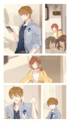 Rule 34 | 1boy, 3girls, :d, blue jacket, blue shirt, blurry, blurry background, border, brown eyes, brown hair, closed eyes, closed mouth, comic, faceless, faceless female, green eyes, h haluhalu415, highres, holding, holding phone, jacket, jewelry, luke pearce (tears of themis), multiple girls, necklace, open clothes, open jacket, open mouth, phone, ponytail, rosa (tears of themis), shirt, short hair, sleeves rolled up, smile, tears of themis, white border, white shirt, yellow jacket