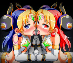 Rule 34 | 2girls, arched back, bare shoulders, blonde hair, character request, earrings, elbow gloves, gloves, heterochromia, holding hands, jewelry, long hair, looking at viewer, multicolored hair, multiple girls, mumumu (nijie51951), saliva, saliva trail, shinrabanshou, shiny skin, simple background, tongue, tongue out, white gloves, yuri