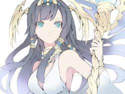 Rule 34 | 1girl, bare shoulders, black hair, blue eyes, hair tubes, hairband, isis (p&amp;d), jewelry, kanten (kanten328), long hair, lots of jewelry, puzzle &amp; dragons, solo, staff, upper body