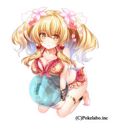 Rule 34 | 1girl, anklet, bad id, bad tumblr id, ball, barefoot, beachball, bikini, blonde hair, bracer, breasts, cleavage, female focus, flower, full body, hair flower, hair ornament, hizuki akira, jewelry, large breasts, looking at viewer, simple background, solo, swimsuit, thigh strap, twintails, white background, yellow eyes