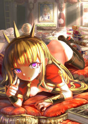 Rule 34 | 10s, 1girl, :p, ass, black thighhighs, blonde hair, book, book stack, boots, bracer, breasts, cagliostro (granblue fantasy), chen bingyou, crown, granblue fantasy, highres, long hair, looking at viewer, lying, nipples, nude, on stomach, open book, portrait (object), purple eyes, small breasts, smile, solo, thighhighs, tongue, tongue out