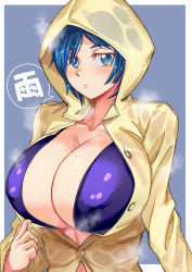 Rule 34 | 1girl, :&lt;, bikini, blue bikini, blue eyes, blush, breasts, cleavage, coat, collarbone, covered erect nipples, exhibitionism, highres, hood, hood up, huge breasts, kaga kasama, kanji, looking at viewer, navel, open clothes, open coat, original, public indecency, raincoat, short hair, simple background, solo, steam, swimsuit, thick eyebrows, upper body, wet, wet clothes, yellow raincoat