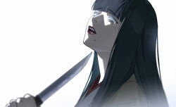 Rule 34 | 1girl, black hair, blunt bangs, chinese commentary, commentary request, crying, crying with eyes open, fan mu zhang, film grain, final fantasy, final fantasy xiv, from side, green eyes, highres, holding, holding knife, hyur, imminent suicide, knife, long hair, looking up, mole, mole under mouth, open mouth, portrait, red lips, sad, simple background, solo, straight hair, tears, white background, yotsuyu goe brutus