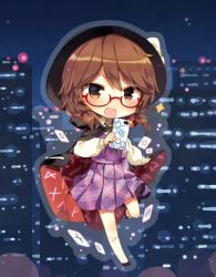 Rule 34 | 1girl, bad id, bad twitter id, black cape, black footwear, black hat, bow, brown eyes, brown hair, cape, card, cellphone, city, commentary request, fedora, full body, glasses, hair between eyes, hat, hat bow, high collar, holding, holding phone, kneehighs, leg up, long sleeves, looking at viewer, low twintails, night, night sky, open mouth, outdoors, phone, plaid, plaid vest, pleated skirt, puffy sleeves, purple skirt, purple vest, quimbaya airplane, red-framed eyewear, runes, semi-rimless eyewear, shirt, shnva, shoes, short hair, skirt, skirt set, sky, smartphone, socks, solo, sparkle, touhou, twintails, under-rim eyewear, usami sumireko, vest, white bow, white shirt, white socks, wing collar, zener card