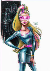 Rule 34 | 1girl, barbie (character), barbie (franchise), barbie movies, barbie spy squad, belt, blonde hair, breasts, cleavage, darkodordevic, doll, dress, fashion, glasses, hand on own hip, jumpsuit, leggings, lips, long hair, multicolored hair, pink-tinted eyewear, pink hair, ponytail, science fiction, shiny clothes, silver dress, sketch, skinny, solo, spy, streaked hair, tight clothes, tinted eyewear, traditional media, visor