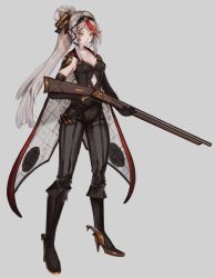 Rule 34 | 1girl, black footwear, black gloves, black pants, boots, breasts, cape, closed mouth, commentary, elbow gloves, full body, gloves, grey background, greyscale, gun, high heel boots, high heels, highres, holding, holding gun, holding weapon, long hair, looking at viewer, medium breasts, monochrome, multicolored hair, original, pants, ponytail, shotgun, shotgun shell, silver hair, simple background, softmode, solo, standing, streaked hair, trigger discipline, weapon, yellow eyes