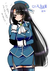 Rule 34 | 10s, 1girl, alternate hair length, alternate hairstyle, beret, black gloves, black hair, black thighhighs, breasts, garter straps, gloves, hat, kantai collection, large breasts, long hair, perepere-kun, red eyes, solo, takao (kancolle), thighhighs, tsundere, uniform, very long hair, zettai ryouiki