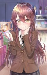 Rule 34 | 1girl, blush, breasts, brown hair, brown jacket, collared shirt, cream, cream on face, day, eating, food, food on face, grey skirt, hair between eyes, hand on own cheek, hand on own face, highres, ice cream cone, idolmaster, idolmaster shiny colors, indoors, jacket, long hair, long sleeves, looking at viewer, medium breasts, mintol (qool+), necktie, osaki tenka, plaid, plaid skirt, pleated skirt, school uniform, shirt, skirt, smile, solo, white shirt, yellow eyes
