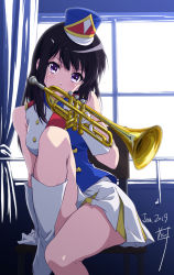 Rule 34 | 1girl, 2019, arm support, backlighting, black hair, blue hat, boots, commentary request, covered mouth, dated, gloves, grey footwear, grey gloves, hat, head tilt, hibike! euphonium, highres, holding, holding instrument, indoors, instrument, kousaka reina, long hair, looking at viewer, mini hat, miniskirt, nii manabu, pleated skirt, purple eyes, signature, sitting, skirt, sleeveless, solo, trumpet, uniform, white skirt