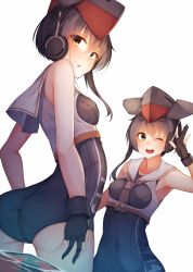 Rule 34 | 10s, 2girls, absurdres, armpits, ass, asymmetrical hair, bad id, bad twitter id, bare shoulders, black hair, blush, brown eyes, collarbone, commentary, cowboy shot, framed breasts, gloves, hair between eyes, hand up, hands on own hips, hat, headphones, highres, i-13 (kancolle), i-14 (kancolle), kantai collection, looking at viewer, looking back, multiple girls, neckerchief, one eye closed, open mouth, partially fingerless gloves, rerrere, sailor collar, school swimsuit, shirt, short hair, siblings, sisters, smile, swimsuit, water, waving, wet, wet clothes