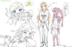 Rule 34 | 1boy, 1girl, blonde hair, blue eyes, blush, breasts, camera, colored skin, cosplay, costume switch, crossdressing, dress, fingerless gloves, fins, fish girl, gloves, hair ornament, jewelry, link, long hair, mipha, monster girl, multicolored skin, nintendo, no eyebrows, pointy ears, princess zelda, princess zelda (cosplay), red hair, red skin, sheikah slate, shuri (84k), smile, the legend of zelda, the legend of zelda: breath of the wild, translation request, trap, zora