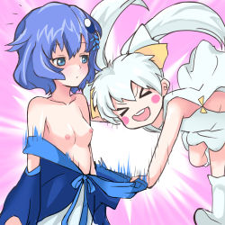 Rule 34 | &gt; &lt;, 10s, 2girls, :d, ababarion, assisted exposure, awawawa, bare shoulders, blue eyes, blue hair, blush stickers, boots, breasts, buck teeth, closed eyes, clothes pull, detached sleeves, dress pull, hair ribbon, long hair, multiple girls, nipples, open mouth, piruluk, pulling another&#039;s clothes, ribbon, short hair, small breasts, smile, tama (wixoss), teeth, twintails, white hair, wixoss, xd