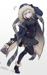 Rule 34 | 1girl, black gloves, black thighhighs, blush, cape, cloak, csyday, embarrassed, fate/grand order, fate/strange fake, fate (series), full body, fur trim, gloves, gray (fate), green eyes, grey hair, hair between eyes, highres, holding, hood, hood up, long sleeves, looking at viewer, lord el-melloi ii case files, short hair, skirt, solo, thighhighs