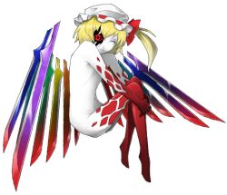 Rule 34 | 1girl, alternate wings, atlus, bad id, bad pixiv id, blazblue, blonde hair, crossover, embodiment of scarlet devil, flandre scarlet, full body, hat, lambda-11, mazeran, persona, ponytail, short hair, side ponytail, solo, sword, touhou, transparent background, weapon, wings