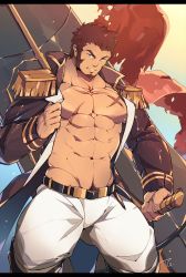 Rule 34 | 1boy, abs, bara, beard, blue eyes, brown hair, clothes pull, commentary request, epaulettes, facial hair, fate/grand order, fate (series), highres, huge weapon, jacket, jacket pull, large pectorals, long sideburns, long sleeves, looking at viewer, male focus, muscular, napoleon bonaparte (fate), pants, pectorals, scar, sideburns, smile, solo, tengo (maotengo), thick thighs, thighs, uniform, weapon